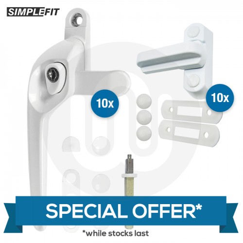 SPECIAL OFFER! 10x Simplefit Handlejammer Security Repair Window Handles & 10x Simplefit High Quality Sash Jammers White